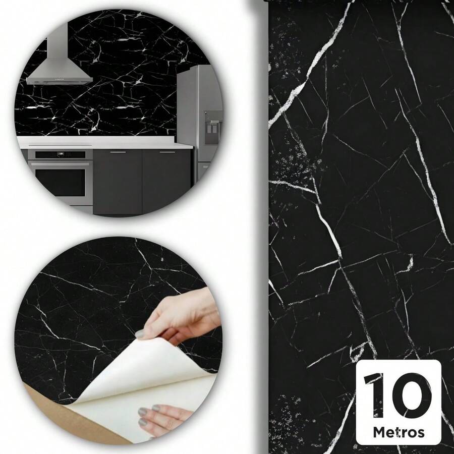 Papel De Parede Mármore Preto 10m x 45cm Adesivo Lavável Autocolante Decorativo Para Ambientes Sofisticados - Marmore preto - Visão 1