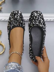 Women's Fancy Black & Silver Sequin Ballet Flats, New Autumn Low Vamp Flat Soft Bottom Shoes, Random Pattern Design, Suitable For Daily Wear,Party Outfits