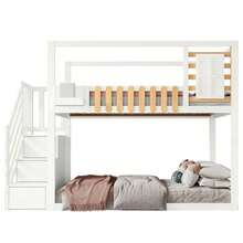 Bunk Bed With Stairs, Window And Storage Box, Solid Pine Frame, Children's Bed With 3 Storage Compartments In The Stairs, With Safety Rail, White, 90x200cm - White - View 1