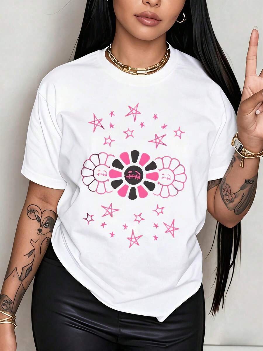 Flower With Face And Pink Stars Floating Women's T-Shirt 100% Cotton Represents Joy And Mystery In A Bright Universe Full Of Light And Positive Energy With A Fun And Original Touch. - 白色 - 查看 1