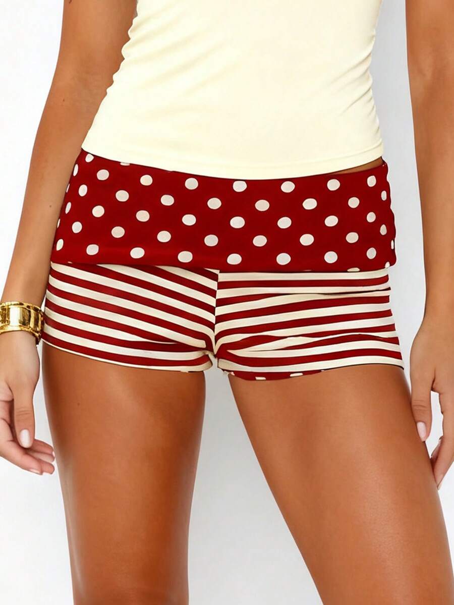 Women Y2K Polka Dot Foldover Micro Shorts Yoga Fold Over Striped Mini Shorts Slim Fit Lounge Shorts Egirls Streetwear - 紅色 - 查看 1