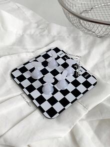 Set de decoraciones de arte de uñas con patrón de tablero de ajedrez 3D - Incluye bases cuadradas y ovaladas en negro y blanco, piezas de ajedrez metálicas de colores para manualidades, arte de uñas, props de fotografía y accesorios de uñas