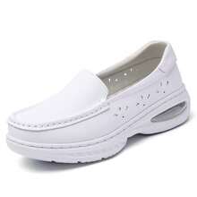 Zapatos de enfermera para mujer, zapatos blancos pequeños sin cordones, zapatos minimalistas de unicolor para caminar al aire libre para damas, súper ligeros con amortiguación de aire, suela blanda antideslizante para el trabajo, zapatos deportivos casuales, zapatos de cuero perforado, primavera/verano - Hueco blanco - Ver 10