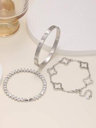 时尚简约不锈钢四叶草手链，适合女性日常佩戴，时尚饰品，理想礼物