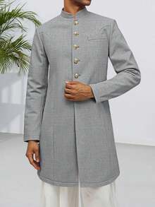 Runcati Mens Kurta Coats  Mandarin Collar Attire  Outfits Wedding Festive Party Clothing Casual Kaftan Robe - 深灰色 - 查看 1