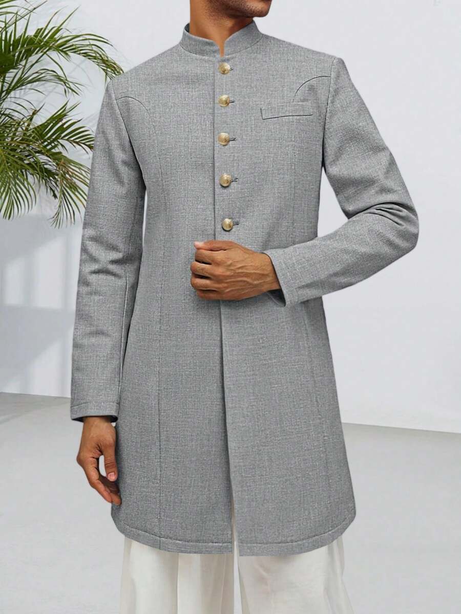Runcati Mens Kurta Coats  Mandarin Collar Attire  Outfits Wedding Festive Party Clothing Casual Kaftan Robe - 深灰色 - 查看 1