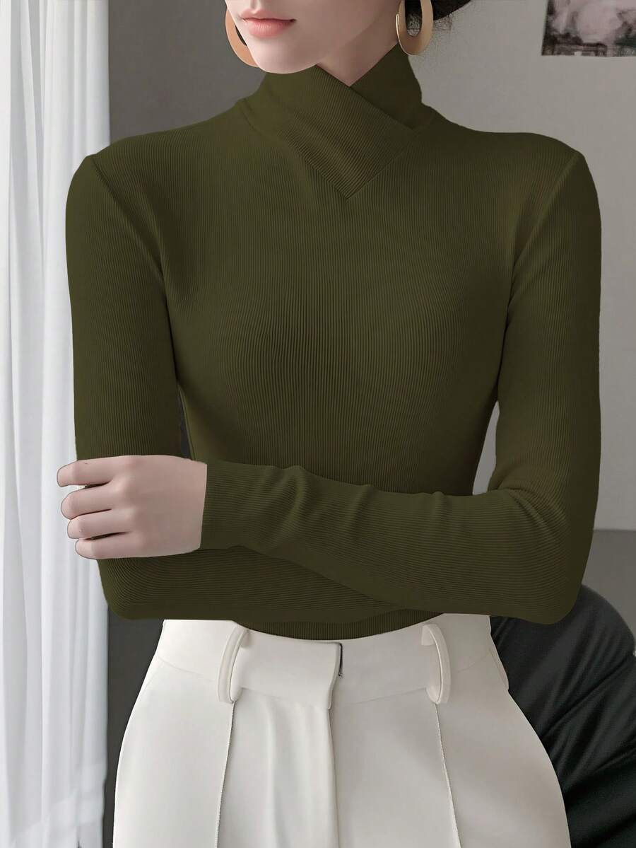 Women's Solid Color Knit Criss-Cross Collar Undershirt, Office Wear Spring New Arrival Casual