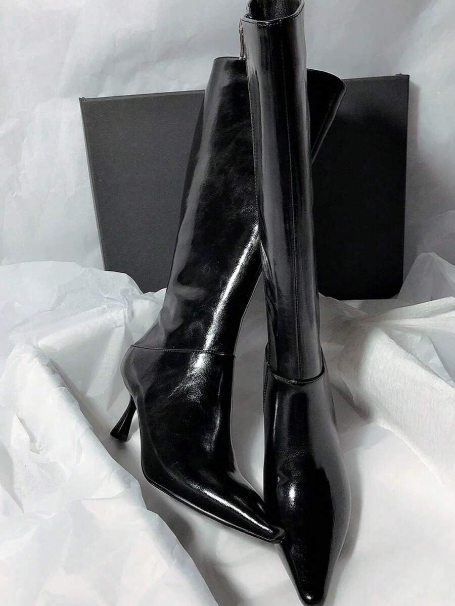 Fall/Winter Korean Style Minimalist Over-The-Knee Boots, Elastic Suede Skinny Boots With Side Zipper Pointed Toe High Heels,Kitten Heels