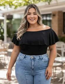 Plus Size Women's Blouses Elegant Ribbed Ruffle Off Shoulder Party - màu đen - Xem 6