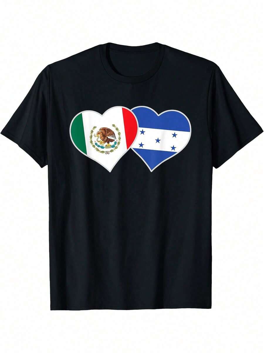 Mexico & Honduras Dual Flag Heart Design Black T-Shirt - Casual Short Sleeve Round Neck Tee For Adults, Machine Washable Cultural Pride Apparel, Allseason Clothing, Patriotic Fashion, Nontransparent Material - 黑色 - 查看 1