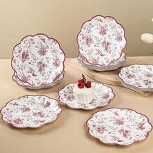 24Pcs Red Floral Party Plates Vintage Floral Leaf Disposable Paper Plate Wildflower Red Toile 7inch Scalloped Rim Dessert Plates For Christmas Birthday Bridal Tea Party Supplies,Red - 紅色的 - 查看 8