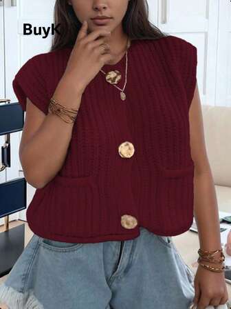 BuyK [Topper] BuyK Patchwork Pocket Button Front New Women Casual Minimalist Fresh Men's Cool Tröja