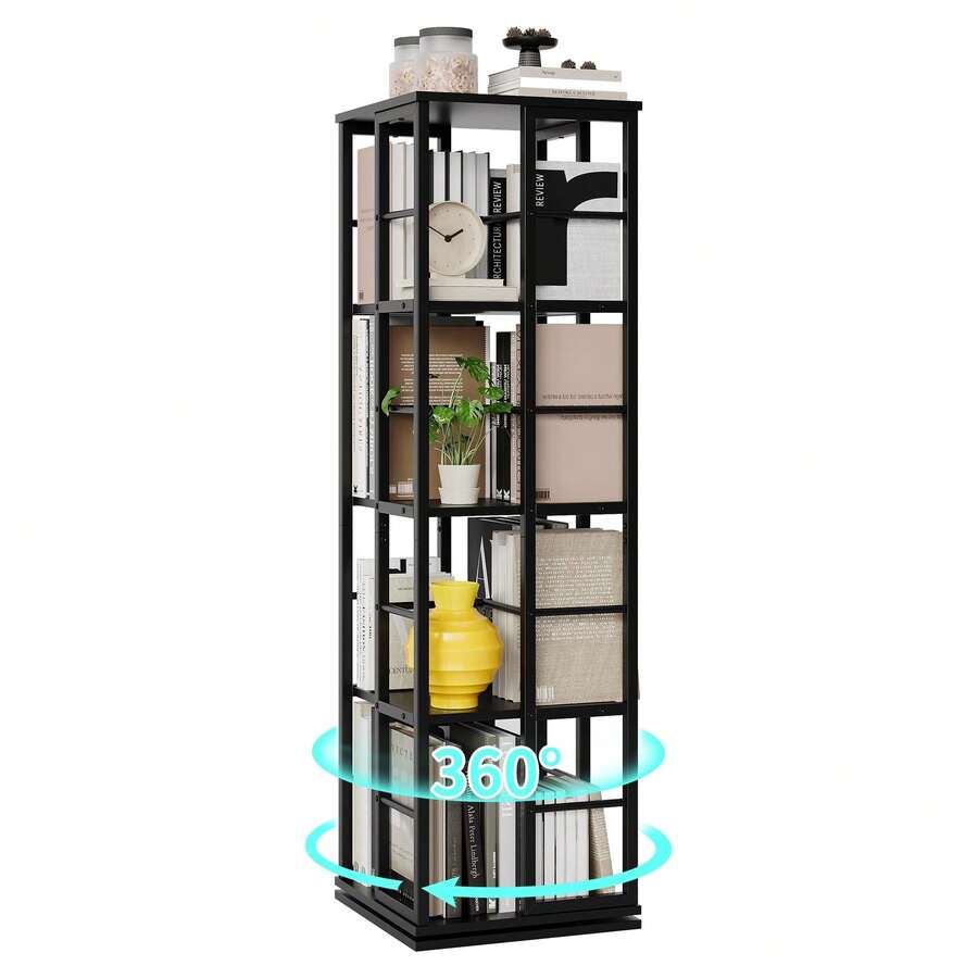 Estantería giratoria de 4 niveles, estantería esquinera tipo torre, organizador de libros y revistas de estilo industrial, estantería giratoria estrecha de metal rústico para sala de estar u oficina en casa. - Negro - Ver 1