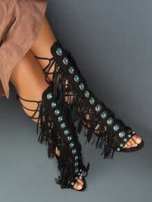 Women's Knee High Stiletto Boots With Gemstone Straps & Fringe Detail | Peep Toe Lace Up Heel Sandals For Fashion Bohemian - 黑色 - 查看 3
