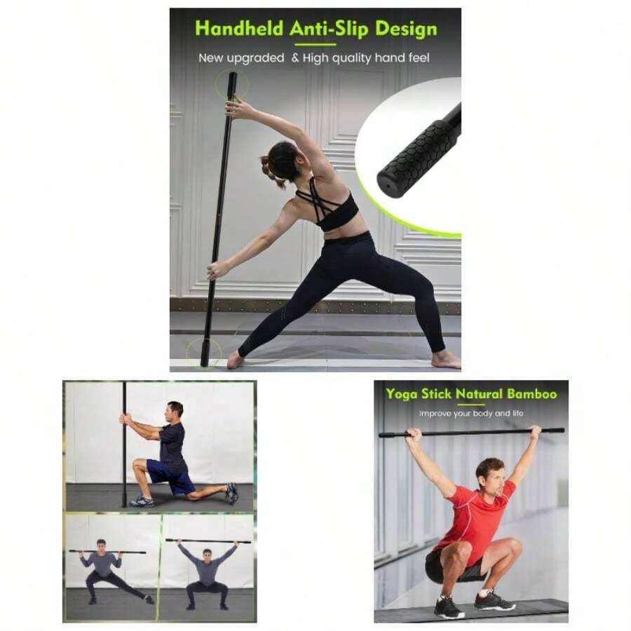 Yoga Stick, 5ft Exercise Stick Mobility, Stretching Stick With Non - Slip Ends, Exercise Dowel Pilates, Balance Pole And Stretch Bar Stretching Equipment - 1 PCS 58 Inches Natural Bamboo Black - View 1
