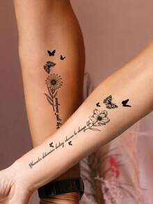 Daisy Butterfly Line English Word Phrase Pattern Temporary Tattoo Stickers, Suitable For Wrist, Ankle, Shoulder, Neck, Collarbone DIY Daily Party Holiday Gift, Waterproof Realistic Tattoo Stickers - Black - View 3