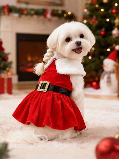 Vestido navideño para perro, lindo conjunto navideño para cachorros, vestido y sombrero navideños, abrigo de invierno para fiestas navideñas, para perros y gatos pequeños y medianos (S, M, L, XL)