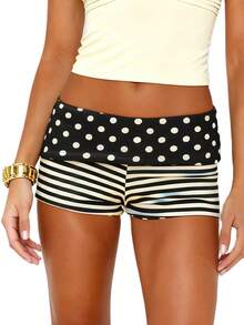 Women Y2K Polka Dot Foldover Micro Shorts Yoga Fold Over Striped Mini Shorts Slim Fit Lounge Shorts Egirls Streetwear - màu đen - Xem 1