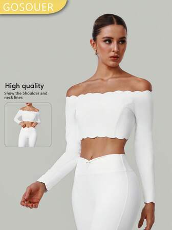 GOSOUER Damen Lässig Yoga Langarm Oberteil mit Off-Shoulder, spitzenbesetztem Design, abnehmbarem Brustpolster