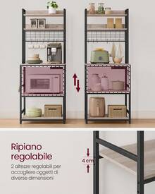 Scaffale Cucina con Multipresa, Scaffale per Microonde, Mobile Cucina, 14 Ganci, 40 x 60 x 170 cm, Greige e Nero - Grigio - Visualizzare 6