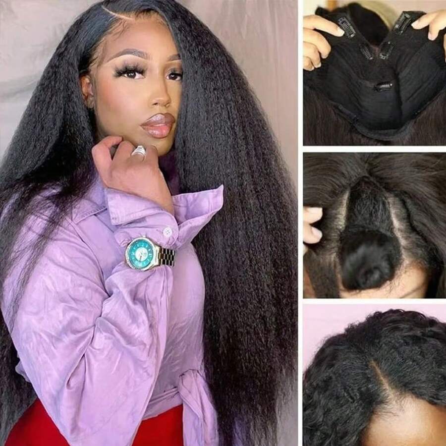Kinky Straight V Part Wigs Yaki Straight V Part Wig V Shape Upgrade U Part Wig No Leave Out Glueless Full Head Clip In Half Wig - 黑色 - 查看 1