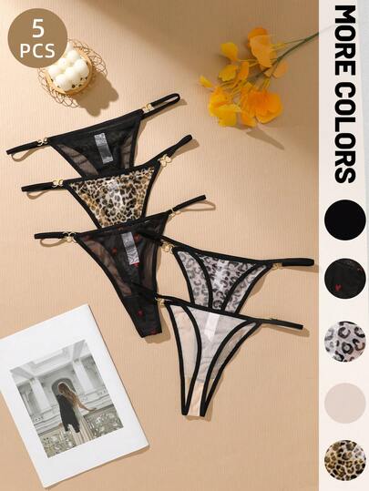 Paquete de 5 tangas de encaje sexy para mujer, ultra delgados, cómodos, transpirables, de cintura media semitransparentes, adecuados para uso diario [XS-L]