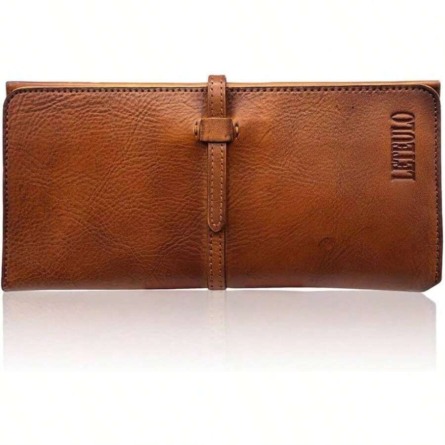 Carteras para mujer de piel genuino organizador de tarjetas, cartera ultrafino para mujer, Marrn, 91 inchx 3.86 inch - Marrón - Ver 1