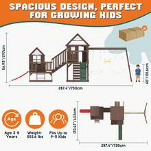 Wooden Swing Set For Kids Ages 3–8, Large Outdoor Fir Playhouse With Double Towers, Wave Slides, Swings, Climbing Wall & Ladder, Spacious Backyard Playground Structure 170.5" D X 287.4" W X 117" H - 14 In 1 - View 2