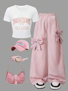 Fashion Sweet And Cool Girl Style Casual 2 - Piece Outfit: Pink Bow Wide - Leg Pants Matched With Letter Short - Sleeve Top, Suitable For Spring, Autumn, Summer, Parties, Campuses And Daily Wearing - 粉色 - 查看 8