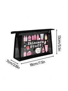 Mesh Cosmetic Bag With Face Mask Pattern And "Skincare" Text, Multi-Functional Makeup Bag For Storing Hair Clips, Headbands Etc., Red Cushion Portable Storage Pouch, Cosmetic Bag, Skincare Pouch - Multicolor - View 9