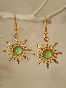 Artificial  Earrings, Fashionable And Casual Women's Ear Hook Design Jewelry, Fashionable And Fully Matched Exquisite Bohemian Style Fashion Jewelry Accessories As Birthday Gifts, Fashionable And Exquisite Green Sunflower Long Earrings Pendant - 金色 - 查看 3