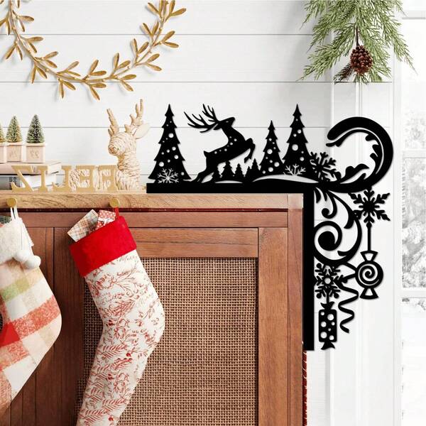 1pc Christmas Door Corner Metal, Santa Claus And Reindeer Horn Decoration, Interior Decoration, Family Christmas Gift, Christmas Home Decoration, Fireplace Decoration