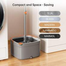 Spin Mop And Bucket Set Zero Dirty Water Cleaning System For Living Bath And Kitchen Room Hard Floor Cabinets Wall Windows Steel Adjustable Rod With Microfiber Mop Head - Xô lau nhà xoay màu xám nhạt + 10 miếng lau - Xem 9