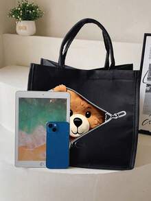 Cute Teddy Bear Zipper Tote Bag, Hand Bags, Purse, Large Capacity Foldable Handbag ,Teddy Tote Bag,Large Makeup Bag,Makeup Pouch, Simple Makeup Storage Bag With Zipper, Stationery Supplies Bag,With Ic Closure, Black & Brown Teddy Bear Print Design, Golden-Toned Zippers,Ideal Gift For Teachers, Friends ,Weddings, Birthdays, Women's Cosmetics Storage,Travel Essential ,Travel Essential Bag - Multicolor - View 6
