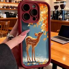 Cubierta de telefono con diseño de ciervo bebé en otoño color negro con estampado de hojas caídas y ciervo joven para uso diario y trabajo - Negro - Ver 4