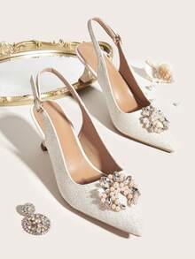Tacones con lazos decorados con brillos, rhinestones y perlas de imitación, zapatos de tacón alto para mujer con correa de tobillo beige y detalles de rhinestones y perlas de unicolor para San Valentín - Beis - Ver 7