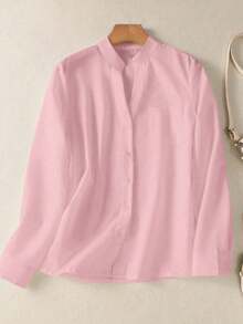 Plus Size Women's Casual Solid Color Button Down Pocket Shirt Long Sleeve Simple Tunic Blouse Top Relaxed Fit For Everyday Fall Winter Spring