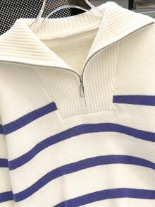 Women's New Arrival Striped Pullover Sweater, Fashionable High-Quality Simple Zip-Up Warm Knit Top For Autumn And Winter