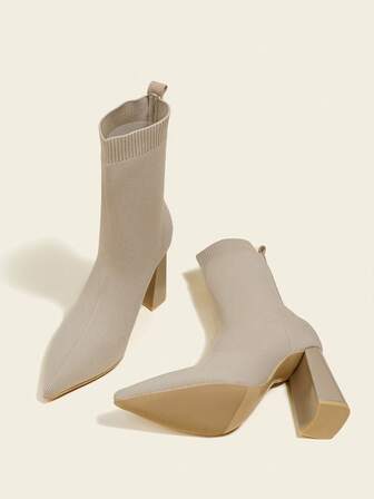 9cm Chunky Heel Ankle Boots & Short Boots, Apricot Color, Pointed Toe, Elastic, Comfortable, Fashion 2025