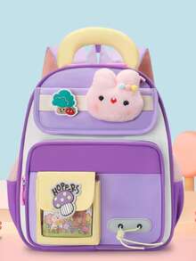 Contrast Color Backpack With Plush Rabbit 3D Decor, Mushroom Tree Patch Kindergarten Cute Schoolbag