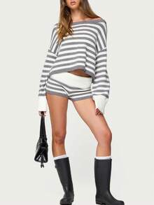 Women Striped Knit Micro Shorts Fold Over Elastic Waist Slim Fit Mini Bottom Y2k Lounge Sweater Shorts - Xám - Xem 4