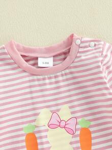 Baby Boy Girl Easter Romper Striped Carrot Bunny Long Sleeve Crewneck Jumpsuit Casual Spring Summer Clothes - Pink - View 3