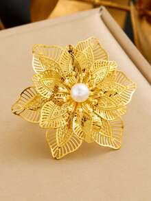 1 Peça Anel Aberto Flor Oversized Fashionable e Ousado, Joia de Aço Inoxidável Banhado a Ouro 18K para Mulheres, Não Desvanece, Hipoalergênico, Adequado para Todas as Estações - Dourado - Visão 4