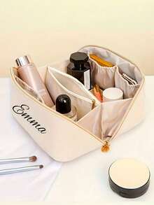 1 pieza Bolsa de maquillaje personalizada con nombre - Organizador de cosméticos de gran capacidad para viajes, cierre con cremallera, bolsa de aseo, unisex, blanco/negro - Regalo ideal para cumpleaños, Día de la Madre, Día de San Valentín, graduación, aniversario, herrajes dorados, estética - Multicolor - Ver 6