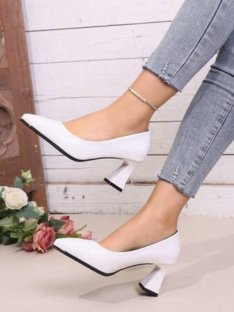 Women's Classic Minimalist Solid Color 7.5cm Pointed Toe Metal Toe Cap Chunky Heel Pumps, Elegant For Party And Work, Size 35-42, Slip-On High Heels With Asymmetric Heel And Platform