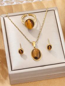 4件套不锈钢复古金色吊坠项链、耳环、戒指首饰套装，镶嵌棕色宝石，适合女士日常佩戴或作为礼物 - 金黃色 - 查看 4