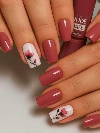 24片方形假指甲，经典纯色甲面，甜美简约花卉设计，适合所有女性和女孩，包含指甲锉和凝胶胶水，方便粘贴。