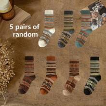 5 Pairs Girl's Vintage Style Crew Socks, Fits Size 38-43, Mid-Calf Length Socks With Vibe, Suitable For Autumn/Winter - Multicolor - View 8