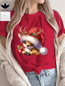 Camiseta informal navideña para mujer, 100% algodón, con estampado navideño, cómoda camiseta de manga corta y cuello redondo, ideal para primavera y verano, fiestas navideñas y para usar en invierno, adecuada para cualquier ocasión, color liso, estilo informal, fiesta de Navidad, reunión familiar, uso diario. - Rojo - Ver 1