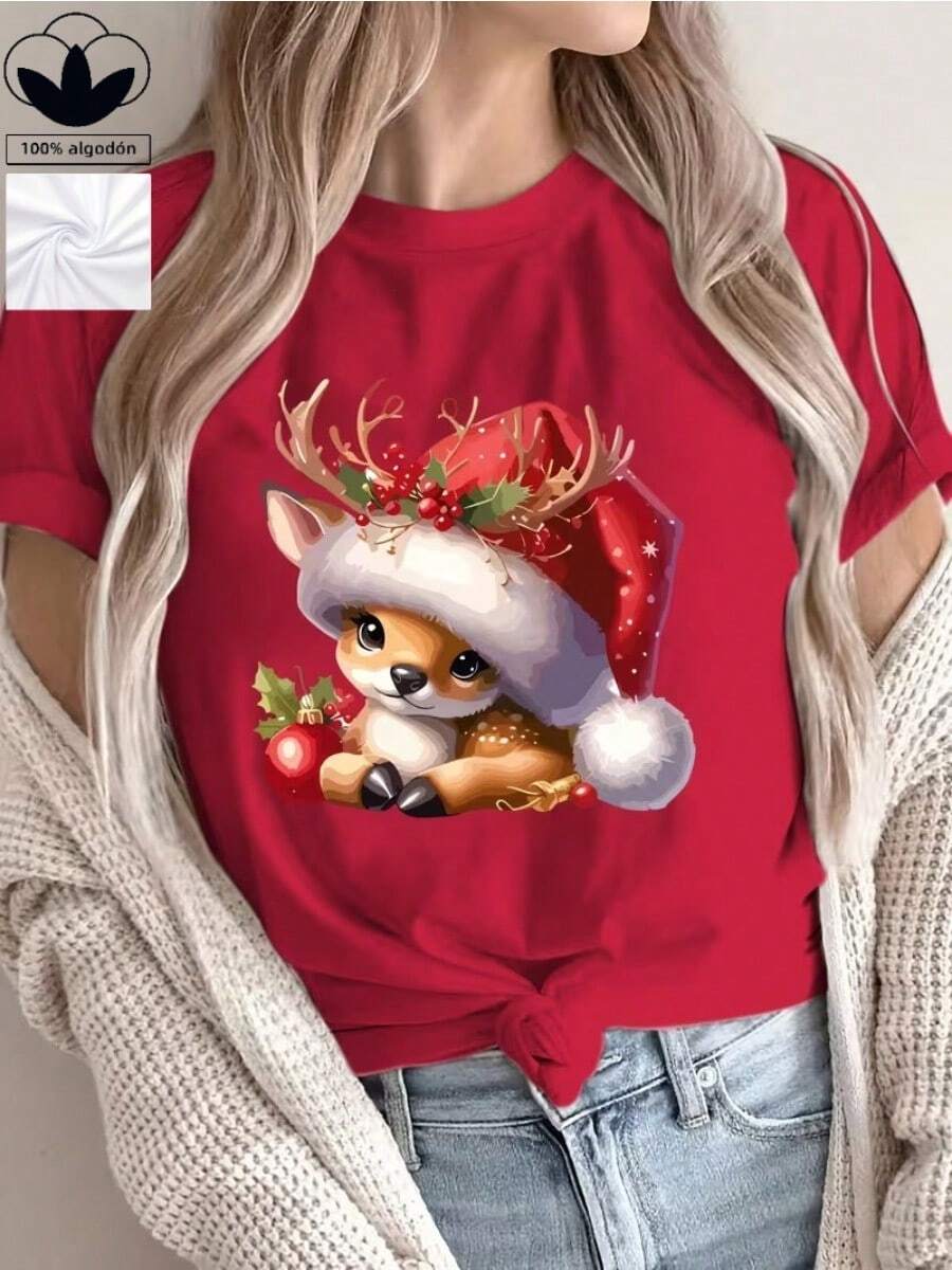 Camiseta informal navideña para mujer, 100% algodón, con estampado navideño, cómoda camiseta de manga corta y cuello redondo, ideal para primavera y verano, fiestas navideñas y para usar en invierno, adecuada para cualquier ocasión, color liso, estilo informal, fiesta de Navidad, reunión familiar, uso diario. - Rojo - Ver 1